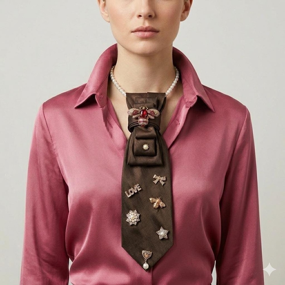 John Ashford Upcycled Tie Statement Necklace Jeweled Bee Pearl Embellished Brown